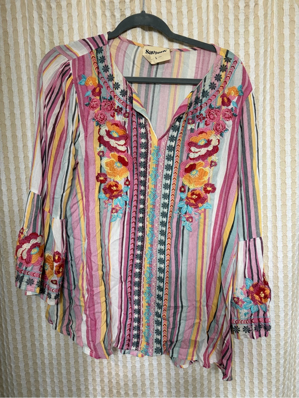 Savanna Jane Pink Multi-Stripe Embroidered V-Neck Women's Top